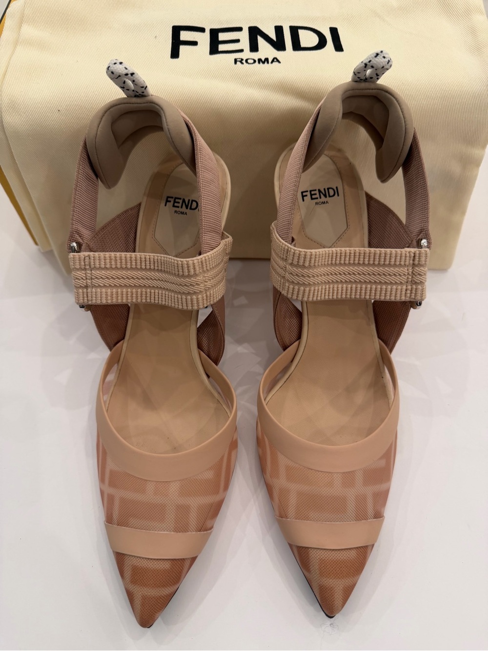 Fendi Mesh Rose Nude Pointed-Toe Slingback heels